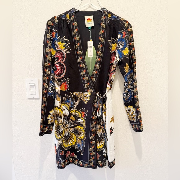 FARM RIO NWT Black Maxi Floral Lenzing Ecovero Viscose Wrap Mini Dress XS - Picture 3 of 10